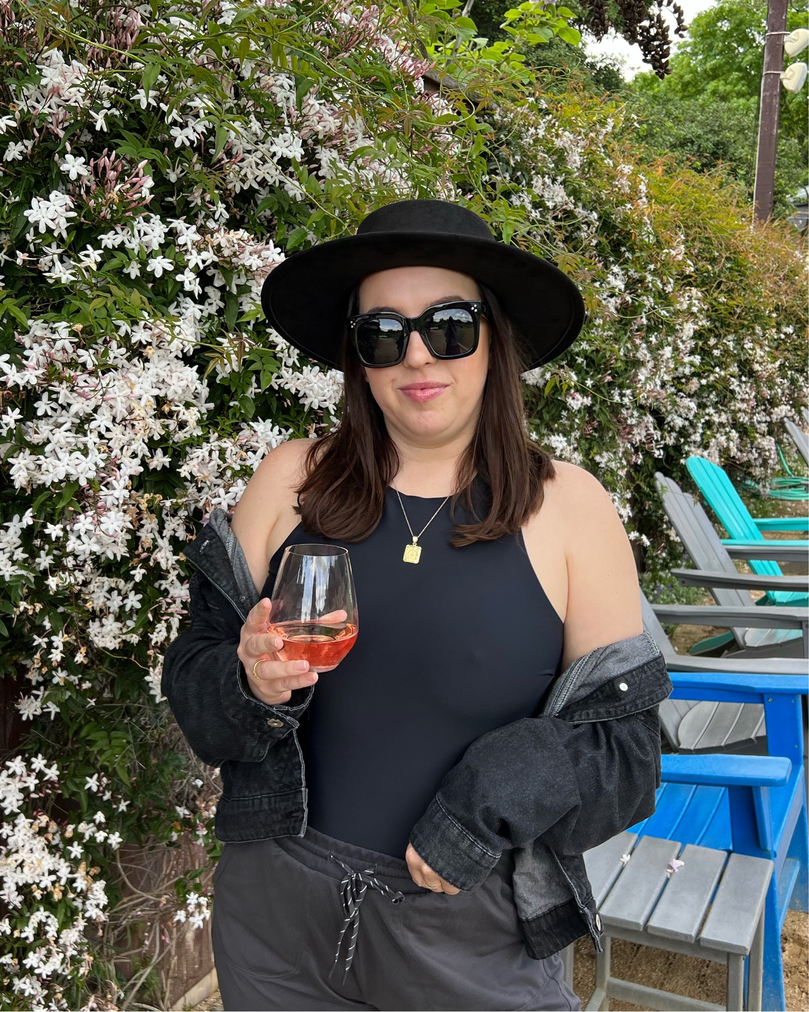 All black outfit: black bodysuit, gold jewelry, black hat, black oversized sunglasses, gray joggers

#LTKsalealert #LTKstyletip #LTKunder50