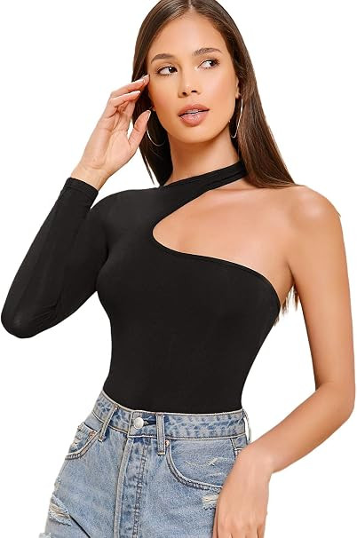 SweatyRocks Women's Cutout Waist Long Sleeve One Shoulder Crop Top T Shirt | Amazon (US)