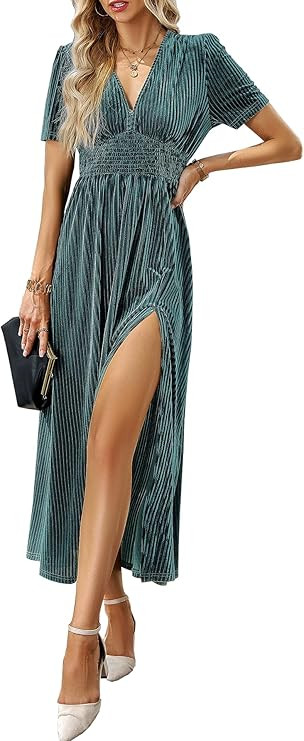 Sissyaki Women's Retro V-Neck Velvet Maxi Dress Wedding Guest Formal Party Long Dresses | Amazon (US)