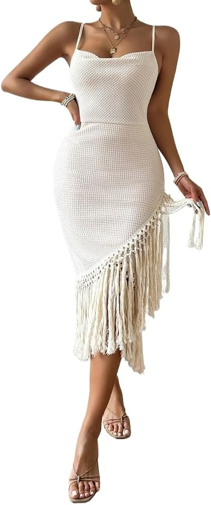 SIBONEY Women's Hem Spaghetti Strap Dress Sleeveless Backless Midi Dress For Party | Amazon (US)