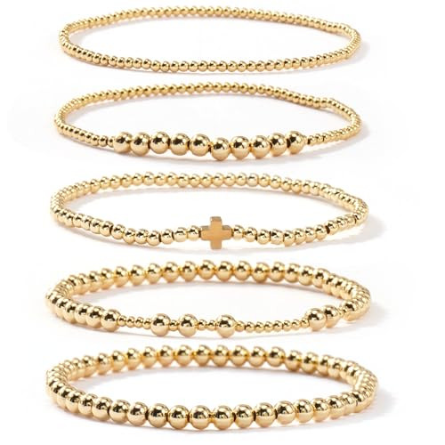 SHINUS BOHO 5Pcs 14K Gold Plated Cross Beaded Bracelets Stack Set for Women,Stretch Stackable Statement Bohemian Beads Ball Jewelry Friendship Summer Trendy | Amazon (US)