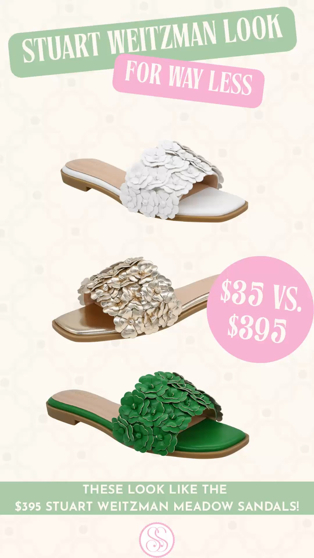  Weitzman Meadow sandal dupe | designer sandal look for less Belk | floral slide sandal women

Stuart Weitzman sandal dupe | floral slide sandals women | designer sandal look for less | spring sandals women | dressy flat sandals women

The Stuart Weitzman Meadow Sandals are $395. These are $35 at Belk right now.

That dimensional floral appliqué. The sleek flat slide silhouette. The feminine statement detail that makes the whole sandal look expensive before you even put them on.

This is not a loose interpretation. This is the Stuart Weitzman Meadow energy for a fraction of the price.

Three colors and every one of them works.
White for bridal, beach, and summer whites.
Gold for dressier outfits, vacation dinners, and wedding guest looks.
Green for preppy color, resort style, and statement spring outfits.

If you are searching:
Stuart Weitzman sandal dupe
Stuart Weitzman Meadow sandal look for less
designer sandal look for less
floral slide sandals women
dressy flat sandals women
spring sandals women
summer sandals women
vacation sandal women
wedding guest shoe women
bridal shower shoes
garden party sandals
resort wear shoes
beach vacation outfit shoes
preppy sandals women
easter shoes women
white floral sandals
gold dress sandals flat
green statement sandals
affordable designer sandals
flower sandals women

$35 versus $395 is exactly the kind of math I like.

⸻
stuart weitzman meadow sandal dupe belk, designer sandal look for less affordable, floral slide sandals women, flower sandals women dressy, wedding guest sandals flat women, bridal shower shoes women, spring sandals women 2026, crown and ivy sandal belk, vacation sandals women affordable, preppy sandals women spring, designer shoe dupe spring 2026

⸻

#LTKFindsUnder50 #LTKSeasonal #LookForLess #SpringSandals #DesignerDupes #WeddingGuestShoes #BelkFinds #Sandals

#LTKWedding #LTKSaleAlert #LTKSeasonal