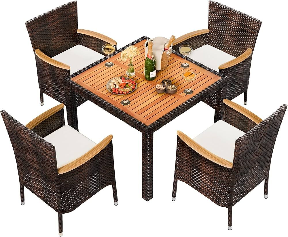 Shintenchi 5 Piece Patio Dining Set, Wicker Patio Conversation Set with Wood Table Top, Outdoor T... | Amazon (US)