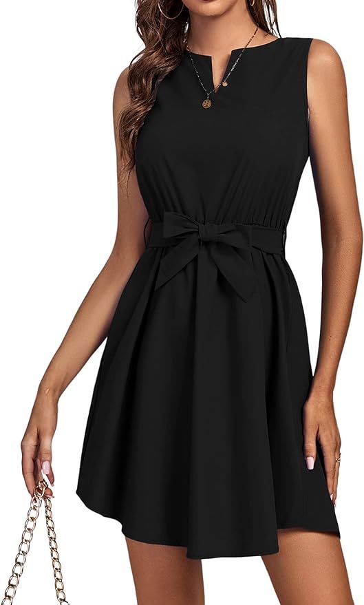 LYANER Women's Elegant V Neck High Waist Sleeveless A-Line Mini Dress with Belt | Amazon (US)