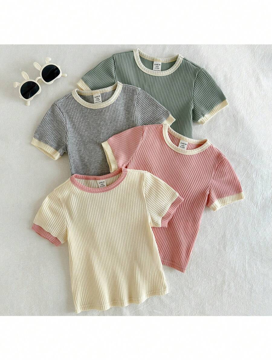 Loomiva 4pcs/Set Baby Girl Cute Solid Color Knitted Soft Round Neck Short Sleeve Top | SHEIN