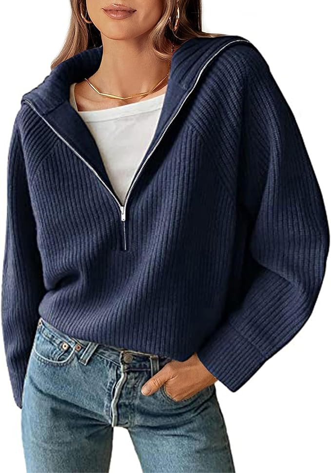 BTFBM Womens Sweaters Quarter Zip Pullover V Neck Collar Long Sleeve Ribbed Knit Loose Casual 202... | Amazon (US)
