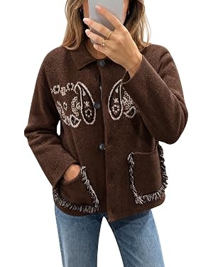 Saodimallsu Womens Boho Cardigan Fringe Paisley Fall Sweater with Pockets | Amazon (US)
