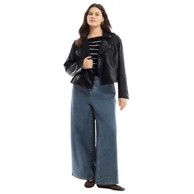 June + Vie Cropped Faux Leather Moto Jacket in Black Onyx at Nordstrom, Size 12 | Nordstrom
