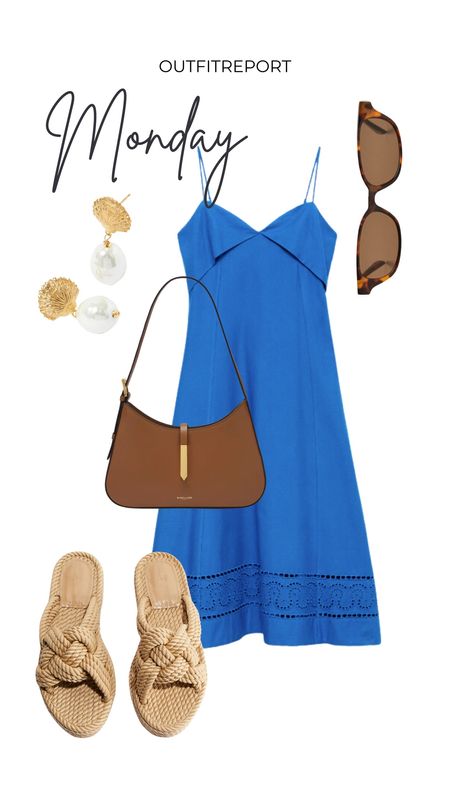 Blue midi dress sandals brown demellier handbag sunglasses gold jewellery earrings beach holiday outfit 

#LTKbag #LTKstyletip #LTKshoes