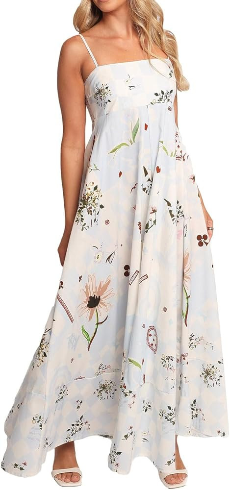 Women Spaghetti Strap Maxi Dress Colorful A Line Swing Long Smocked Picnic Dress Boho Beach Vacat... | Amazon (US)