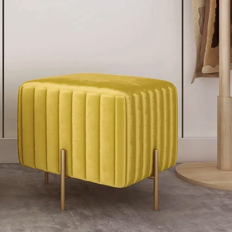 Contemporary Square Pouf Ottoman Upholstered Velvet Ottoman Footrest in Yellow | Homary
