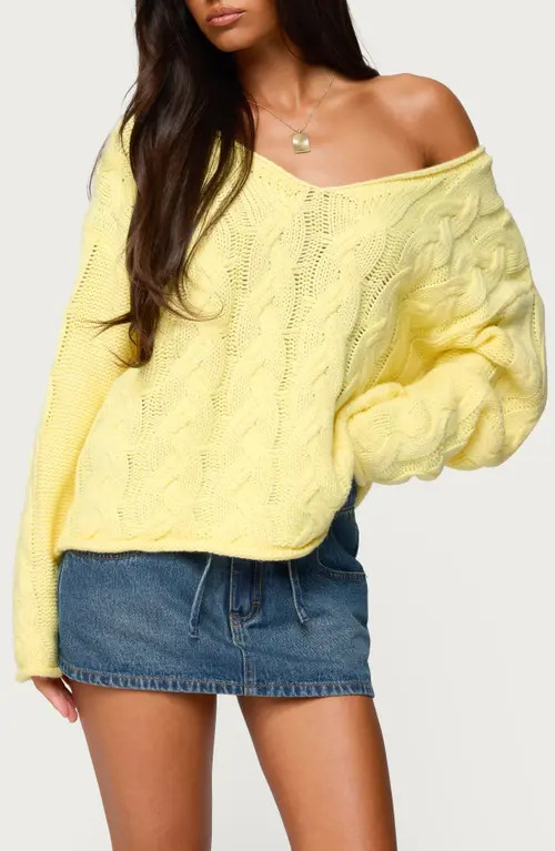 EDIKTED Inga Oversize Off the Shoulder Cable Sweater in Yellow at Nordstrom, Size Large | Nordstrom