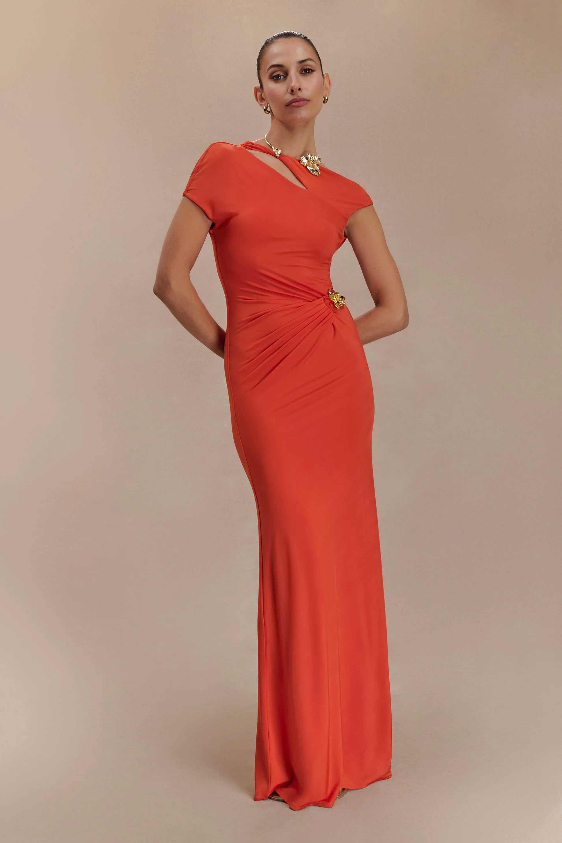 Kaida Slinky Maxi Dress With Hardware - Burnt Orange | MESHKI US