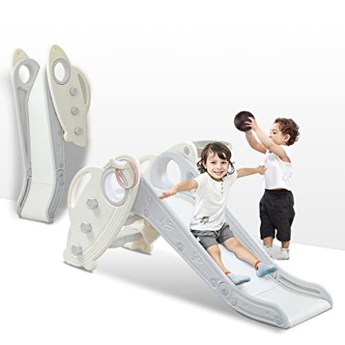 Onasti Kids Slide for Toddlers Age 1-3 Indoor Baby Plastic Slide Outdoor Climber Freestanding Playset with Basketball Hoop & Ring Game Grey | Amazon (US)