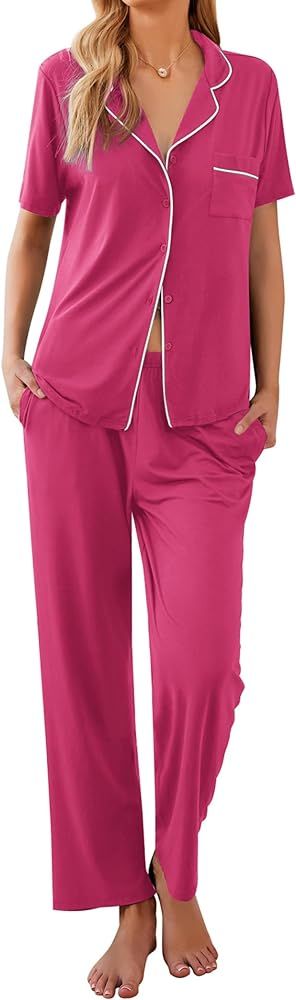 Ekouaer Women Pajamas Set Button Down Sleepwear Short Sleeve Nightwear with Long Pants Soft Pjs S... | Amazon (US)
