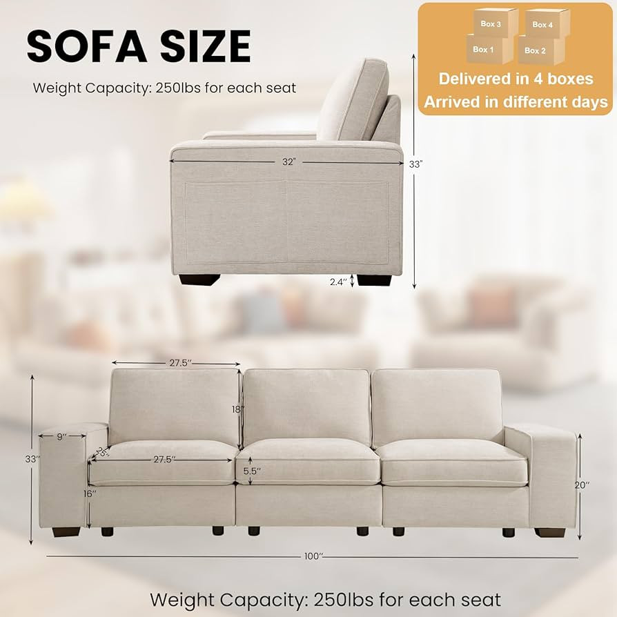 TEKAMON 100" Modular Sofa with Seats Storage, Comfy 3-Seater Chenille Fabric Couch for Living Roo... | Amazon (US)