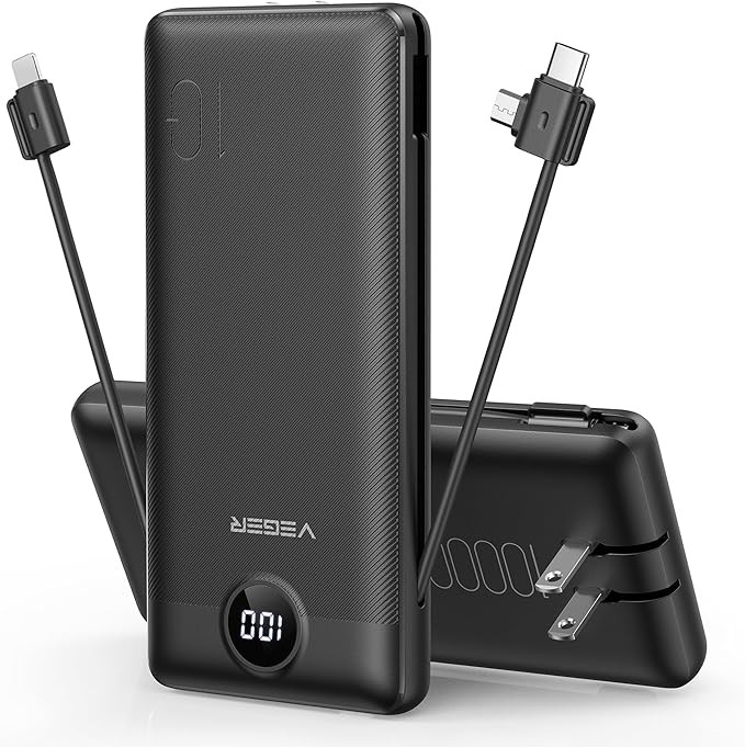 VEGER Portable Charger Power Bank with Built-in AC Plug and Cables, All in One 10000mAh Ultra Sli... | Amazon (US)