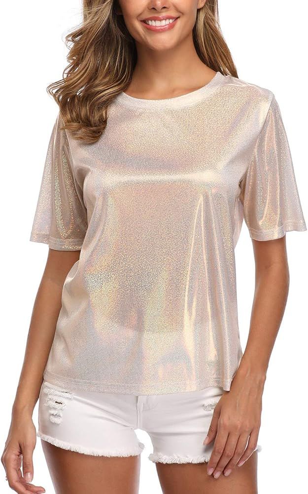 andy & natalie Women's Shiny Tops Holographic Metallic Shirt Shimmer Glitter Sparkle Party Disco ... | Amazon (US)