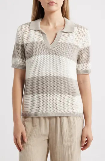beachlunchlounge Skye Stripe Crochet Polo in Natural/ivory at Nordstrom Rack, Size X-Large | Nordstrom Rack