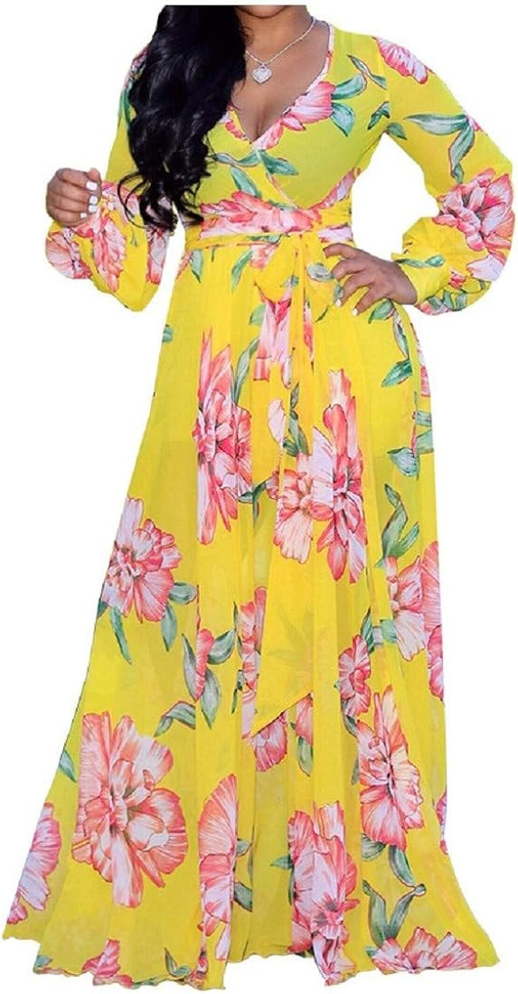 lvenzse Womens Maxi Dress Boho Chiffon Floral Printed V-Neck Long Dresses (S-5XL) | Amazon (US)