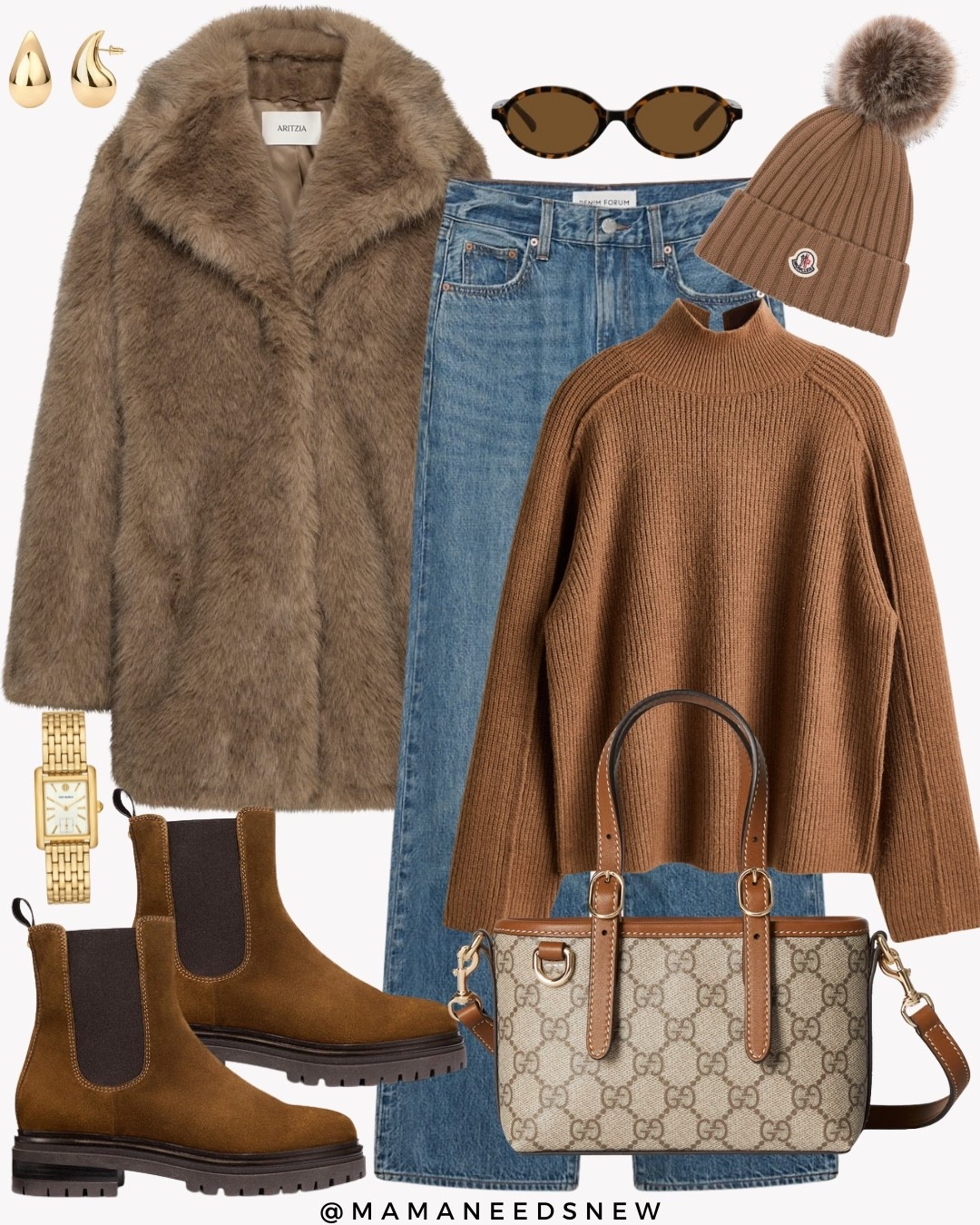 An early winter outfit with a faux fur coat, jeans, mock neck sweater, ankle boots, mini tote bag to wear during this holiday season 🤎

#LTKHoliday #LTKootd #LTKSaleAlert