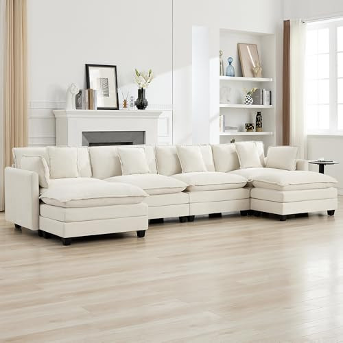 147'' Sectional Cloud Deep Seat Couch, Oversized Chenille U Shaped Sectional Sofa for Living Room Set, Comfy Upholstered Modular Sectional Sofa Couch with 2 Movable Ottoman, Beige | Amazon (US)