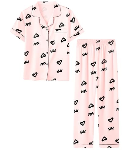 Umeyda Girls Womens Pajamas Set, Satin Silky Button Down Loungewear 2 Piece Short Sleeve Pants PJ... | Amazon (US)