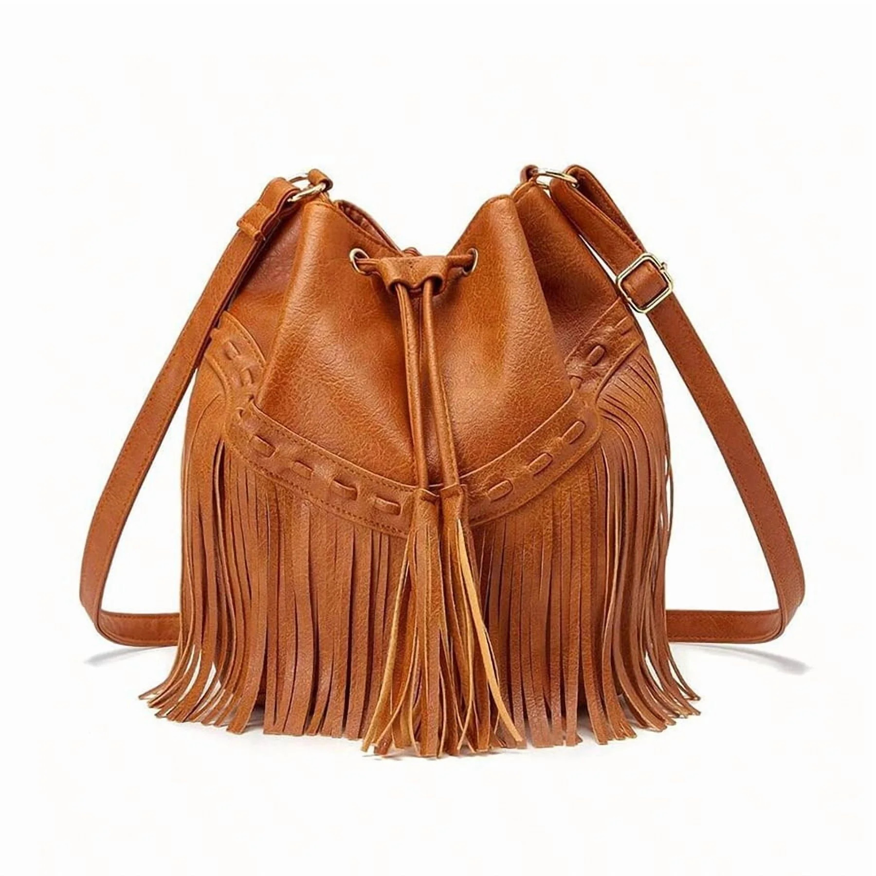 Leather Bucket Bags for Women Crossbody Fringe Purses with Drawstring Ladies Tassel Shoulder Hand... | Walmart (US)