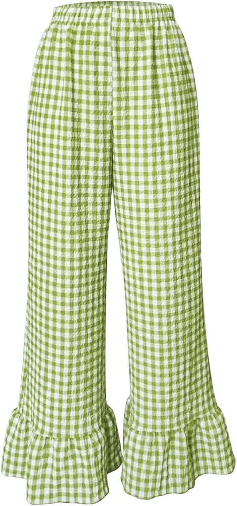 MakeMeChic Women's Y2K Gingham Wide Leg Pants Elastic Waist Ruffle Hem Loose Trousers Loungewear | Amazon (US)