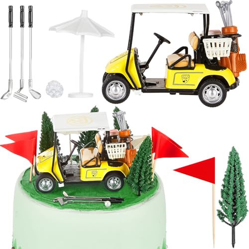 Leitee 21 Pcs Golf Cake Topper Cake Decoration Cupcake Topper Include Mini Cart Red Flag Ball Green Tree Club Sun Umbrella for Golf Themed Birthday(Yellow,Classic) | Amazon (US)