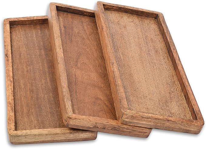 Mango Wood Serving Platter with Raised Edge -Set of 3 for Display Fruit Snacks Appetizer Sushi Fo... | Amazon (US)