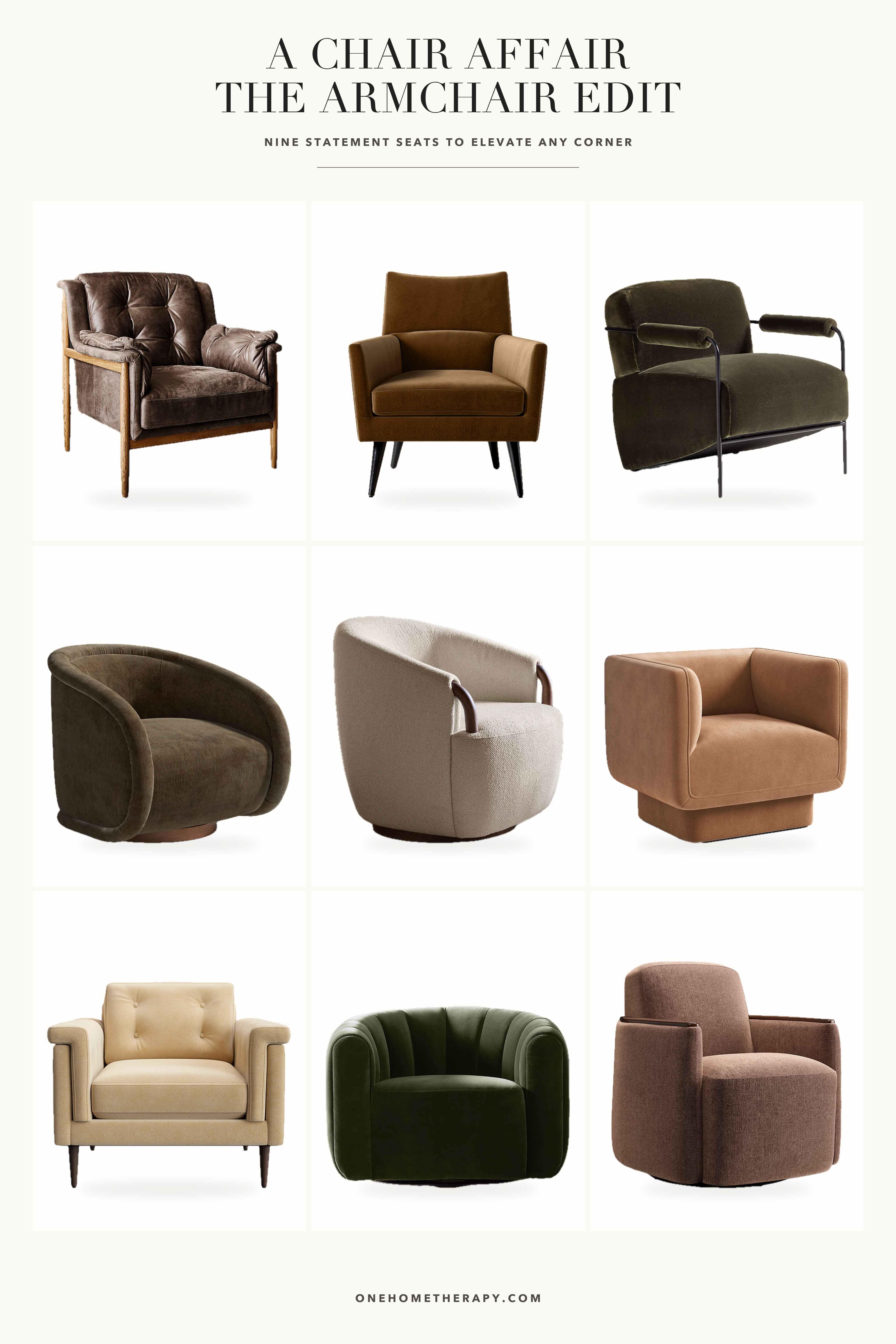 A chair affair 🤎 Nine statement-making armchairs bringing sculptural lines, rich textures, and earthy tones to every corner. Which one are you claiming?
#LTKHome #ArmchairEdit #AccentChair #StatementChair #HomeDecor #InteriorDesign #LivingRoomInspo #ModernInteriors #CozyHome #OneHomeTherapy

#LTKU #LTKHome #LTKmomlife 

 
