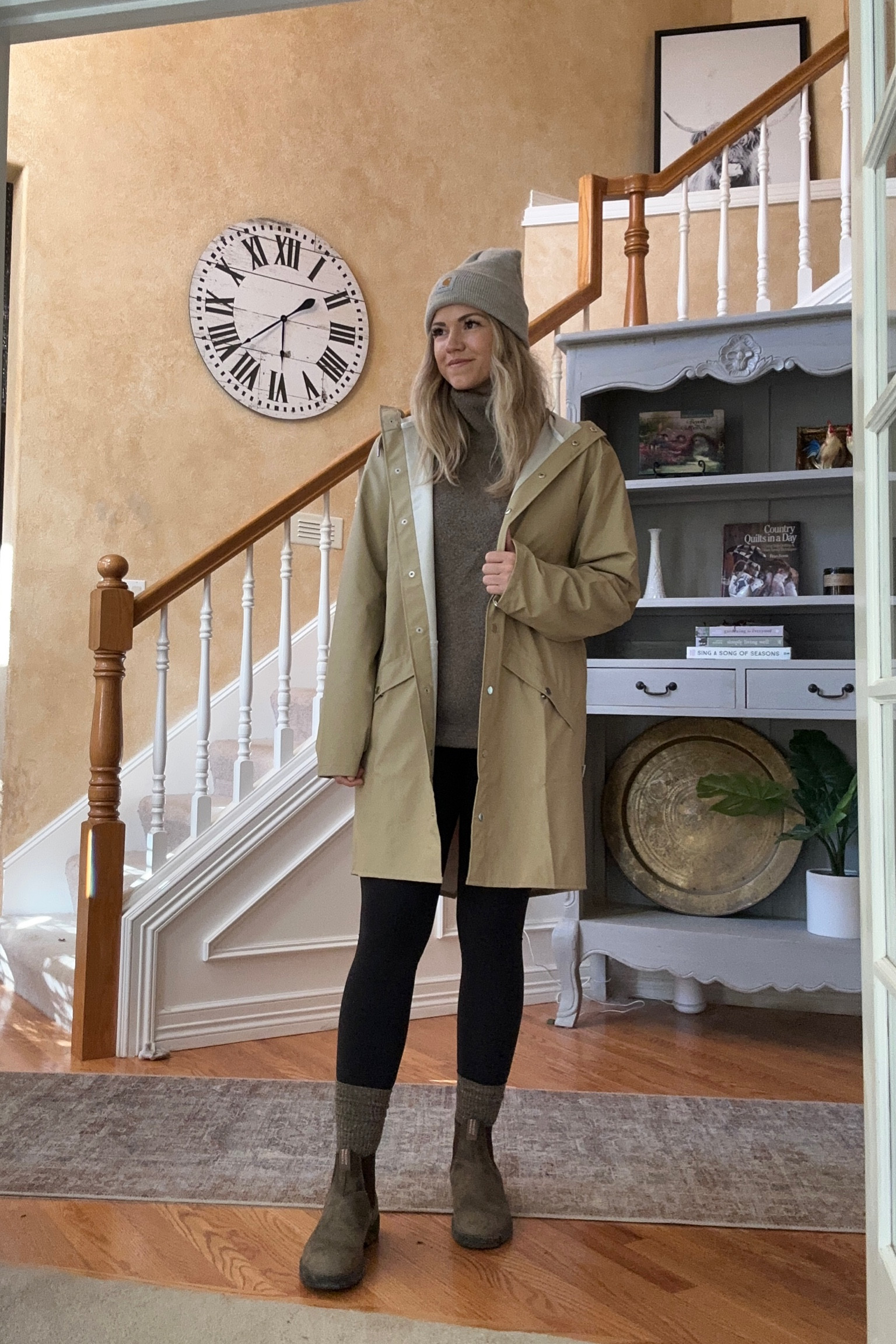 Rainy day mom outfit 
Sweater is boob design!
Coat I’m wearing is size Medium. I’m 5’7"