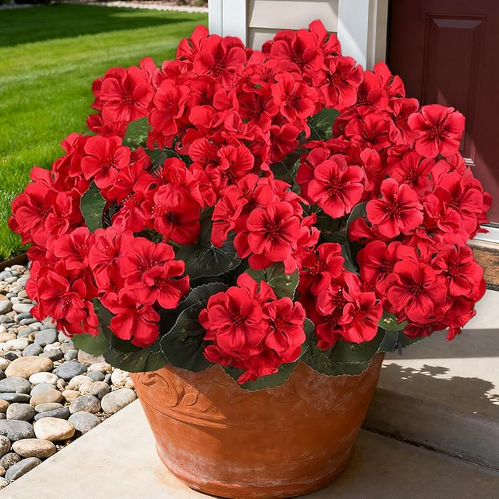 Artificial Flowers for Outdoors, 6 Bundles Realistic Silk Fake Red Geraniums, No Fade Faux Plasti... | Amazon (US)