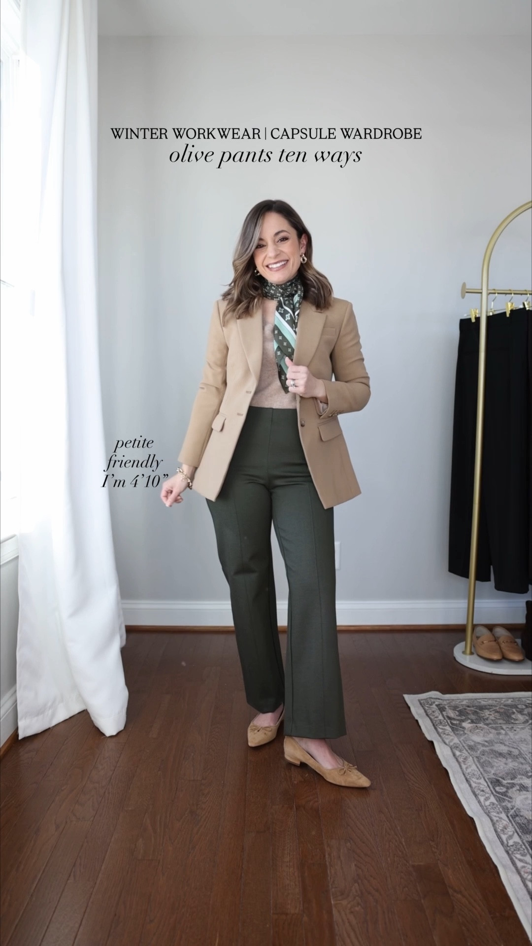 A petite-friendly winter workwear capsule wardrobe! In this post if the series I’m sharing multiple ways to style the olive green pants in the capsule. 

7 tops 
Tan V-neck cardigan (Quince): xs in oatmeal 
Green sweater (J.Crew Factory): xxs
Black cardigan (Gap): xxs (recommend a size up) 
Mauve cardigan (Madewell): xxs 
Gray cardigan (Quince): xs 
Taupe cardigan (Quince): xxs in nomad taupe 
White button down (J.Crew Factory): petite xxs 

3 base layers 
Brown top (Amazon): xs 
Black turtleneck (J.Crew Factory): xxs 
White top (Quince): xs 

3 blazers 
Plaid blazer (BR Factory): petite 00 (mostly sold out in petite) 
Tan blazer (J.Crew): petite 00 
Brown blazer (Banana Republic): petite xxs (recommend a size up) 

4 bottoms 
Olive pants (Banana Republic): petite xs (10” rise, 26.5” inseam) 
Brown pants (Banana Republic): xs (10” rise, 26.5” inseam) 
Black pants (Ann Taylor): petite 00 
Jeans (Quince): 24 x 28” in stormy blue 

My measurements for reference: I’m 4’10” and 105lbs. My bust, waist, and hip measurement is 32”, 24”, and 36”.

#LTKPetite #LTKWorkwear