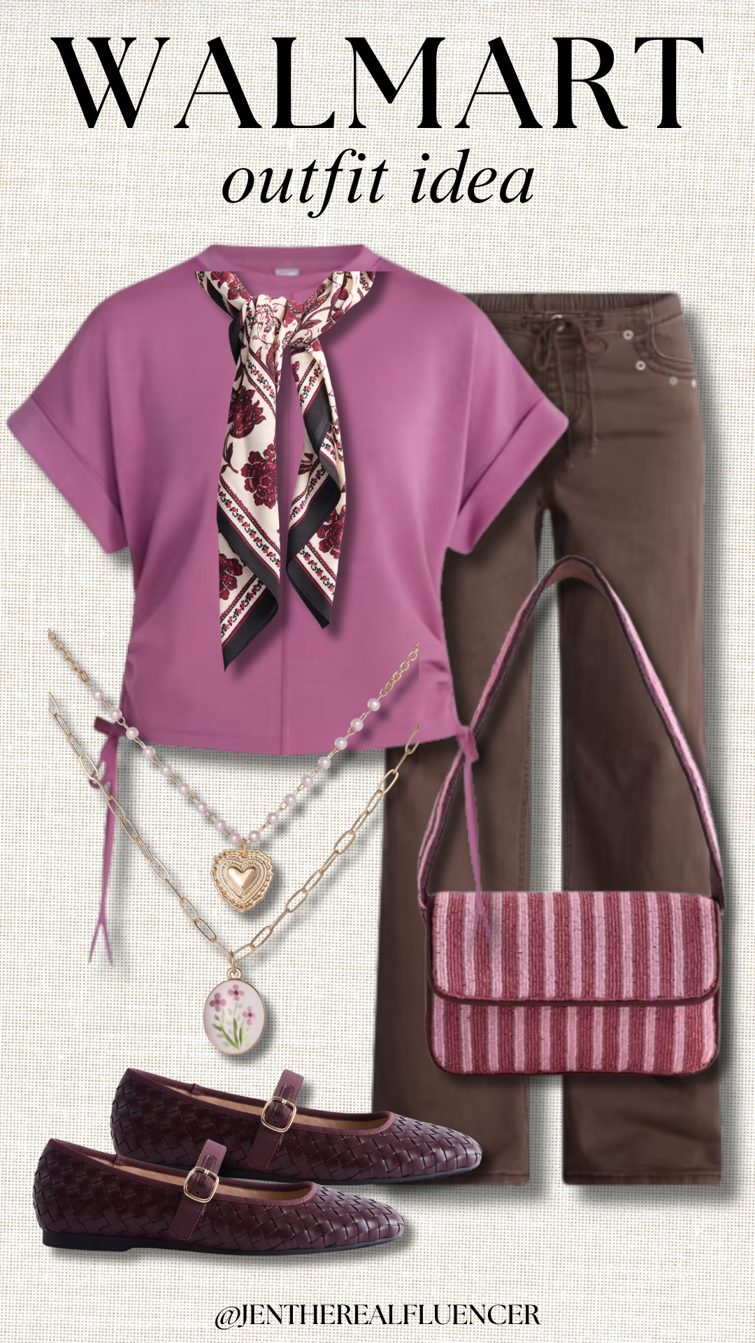 Walmart Outfit Inspiration!

AVIA Mauve Pearl ScubaKnit Top - 5 colors, sizes XS-4X

NO BOUNDARIES Baking Chocolate Drawstring Grommet Wide Leg Jean - 2 colors, Sizes XXS-$X

SCENARIO Beige and Burgundy Printed Square Scarf - 4 colors

CELEBRITY PINK Flower and Heart Layered Necklace

FREE ASSEMBLY Pink Beaded Striped Flap Shoulder Bag - 4 colors

SCENARIO Burgundy Woven Mary Jane Flats - 4 colors, sizes 6-11 

 #LTKootd #LTKWorkwear #LTKTravel