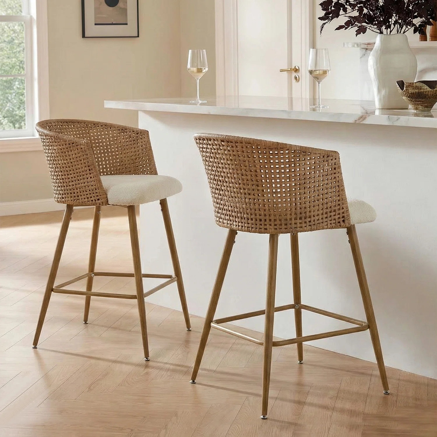 Emmitsburg 27" Upholstered Boucle Rattan Full Back Arm Counter Stool (Set of 2) | Wayfair North America