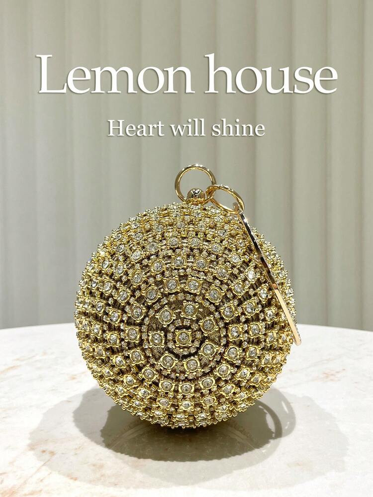 1pc Luxury Glittering Gold Rhinestone Decor Spherical Clutch Bag With Metal Shoulder Strap, Elega... | SHEIN