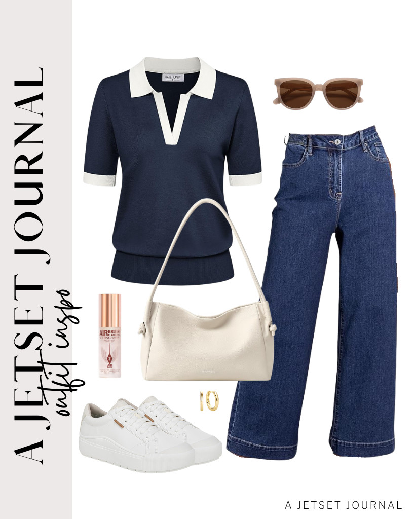 The next outfit is a V-neck collared polo sweater paired with Dokotoo high-waisted jeans. These Dr. Scholl’s Time Off sneakers complement this outfit. Complete the look with ChicSilver huggie hoop earrings and SOJOS polarized sunnies.

#LTKSeasonal #LTKSaleAlert #LTKTravel
 

 