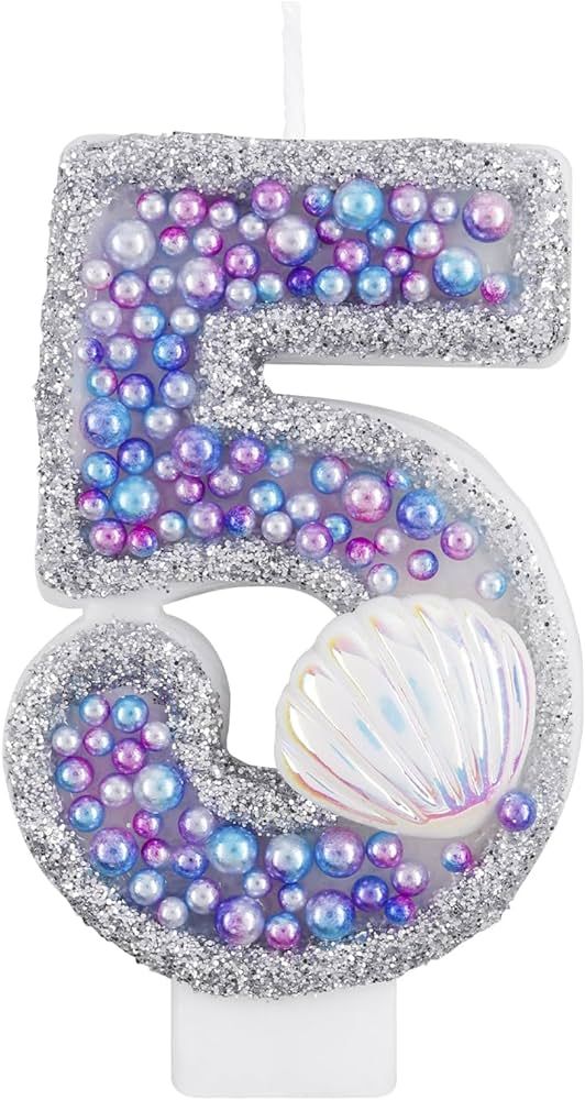 Girls Glitter 5 Birthday Number Candle, Pink Shell Sequins Blue Purple Pearls Number Birthday Can... | Amazon (US)