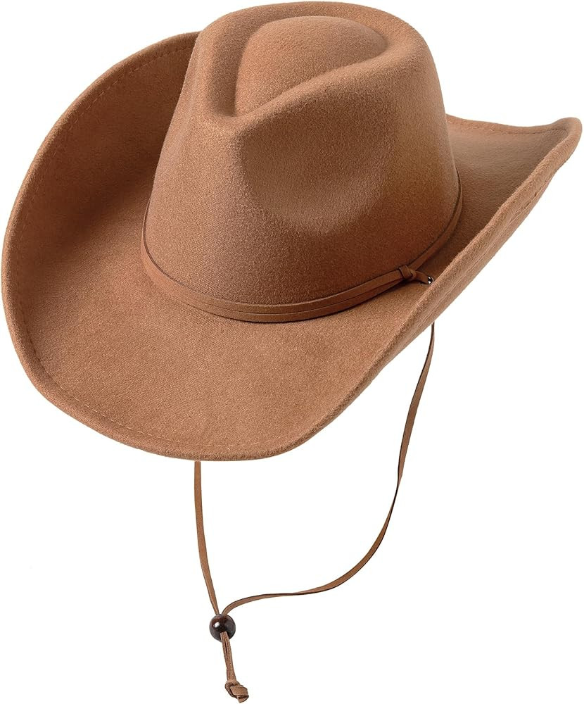 Lanzom Women Men Retro Felt Wide Brim Western Cowboy Cowgirl Hat Dress Up Hat with Wind Lanyard | Amazon (US)