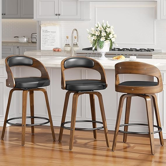 Swivel Bar Stools Set of 3, 26" Counter Height Bentwood Barstool, Mid-Century Modern PU Leather U... | Amazon (US)
