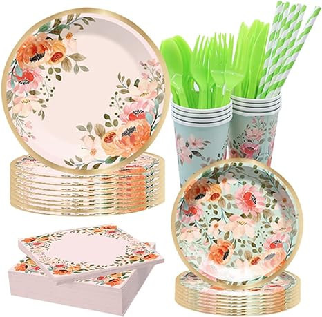 Floral Paper Plate and Napkin Set Party Supplies, 56-Piece Disposable Paper Tableware Set for 8 G... | Amazon (US)