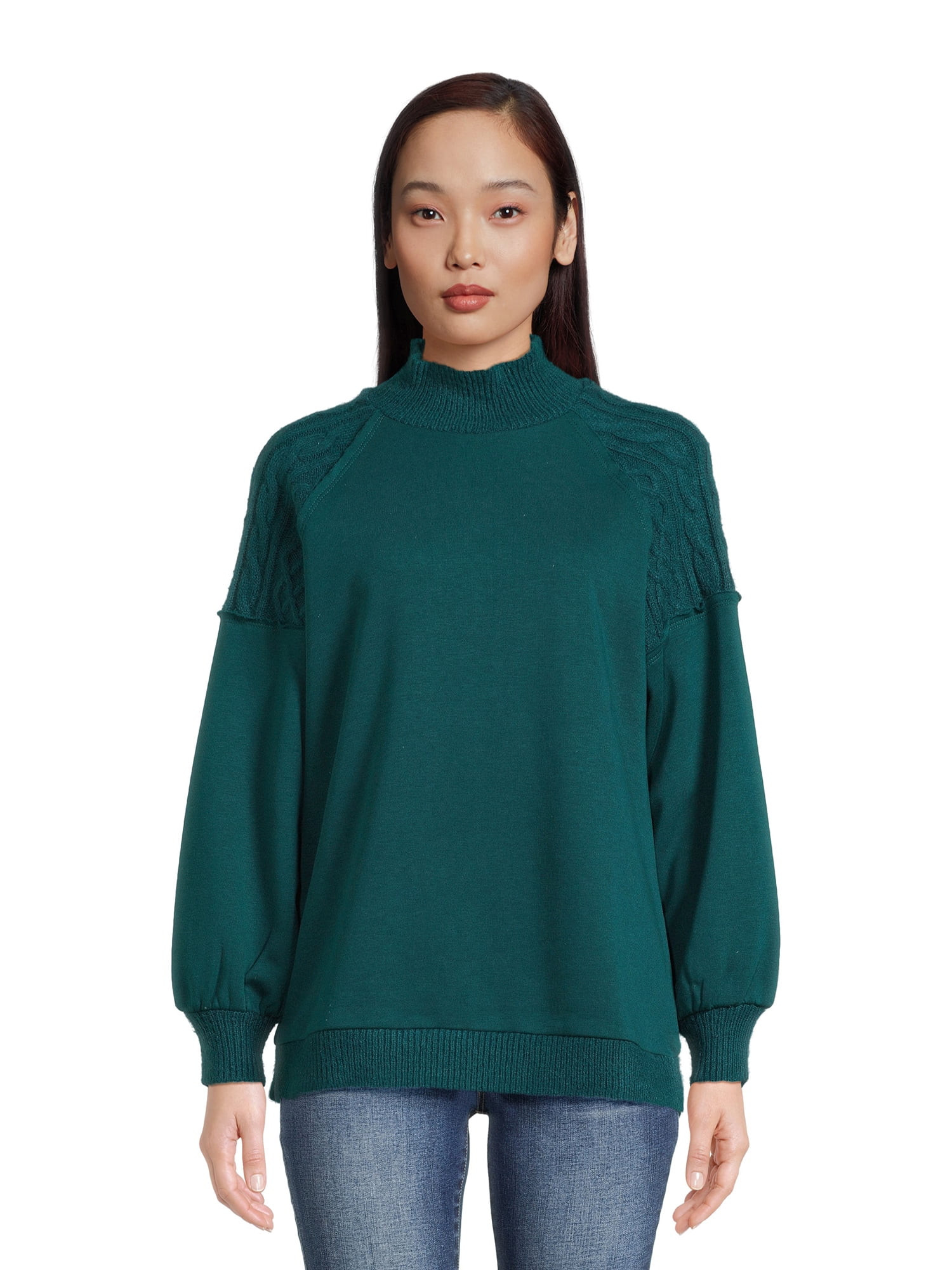 Time and Tru Women's Mixed Media Mock Neck Top | Walmart (US)