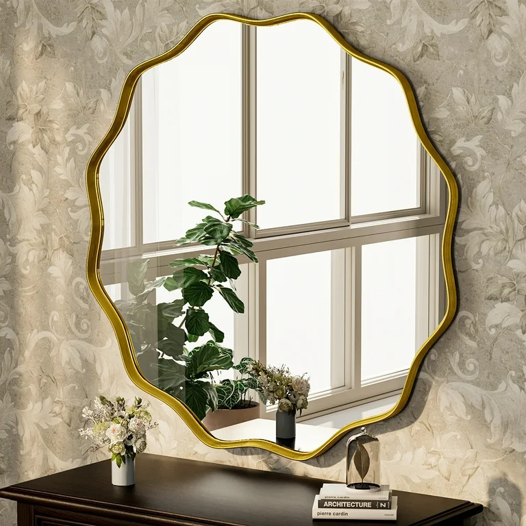 BEAUTYPEAK 36" Wavy Round Bathroom Mirror Wall Decor with Deep Frame, Gold | Walmart (US)