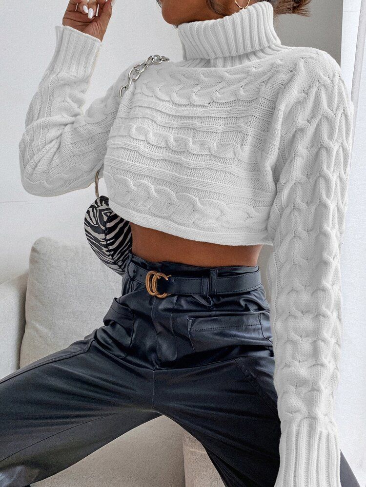 Cable Knit Turtle Neck Crop Sweater | SHEIN