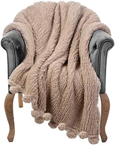 Sherpa Throw Blanket for Couch - 60x80, Beige with Pom Poms - Fuzzy, Fluffy, Plush, Soft, Cozy, W... | Amazon (US)