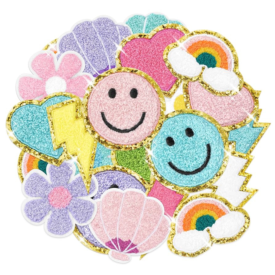 24Pcs Preppy Chenille Patches Colorful Glitter Smile Lightning Bolt Heart Rainbow Flower Sew Iron... | Amazon (US)