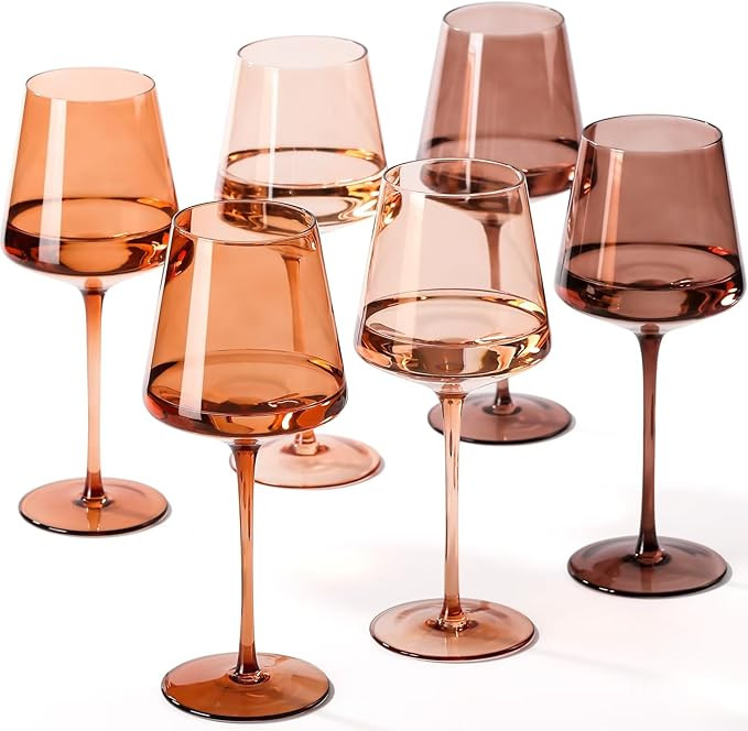 Venus Colored Wine Glasses Set of 6-18oz【Hand Blown】 Brown Wine Glasses with Tall Long Stems ... | Amazon (US)
