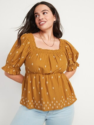 Puff-Sleeve Smocked Embroidered Babydoll Blouse for Women | Old Navy (US)